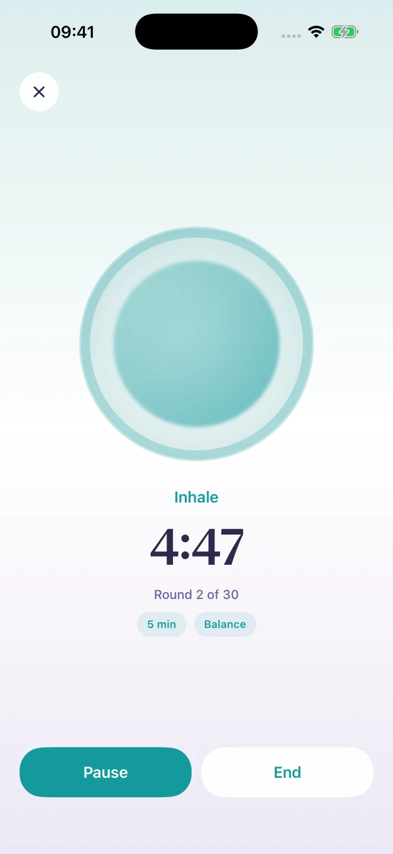 Coherent Breathing session with a turquoise breathing circle, inhale cue and timer