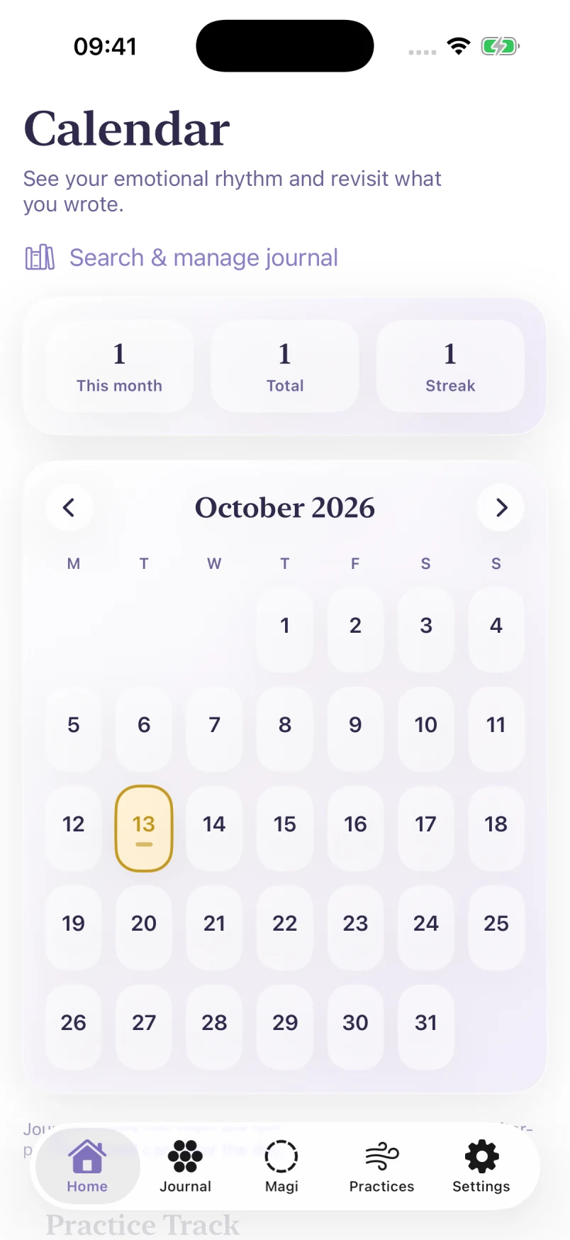 October calendar with a saved mood check-in, journal search and a one-day streak