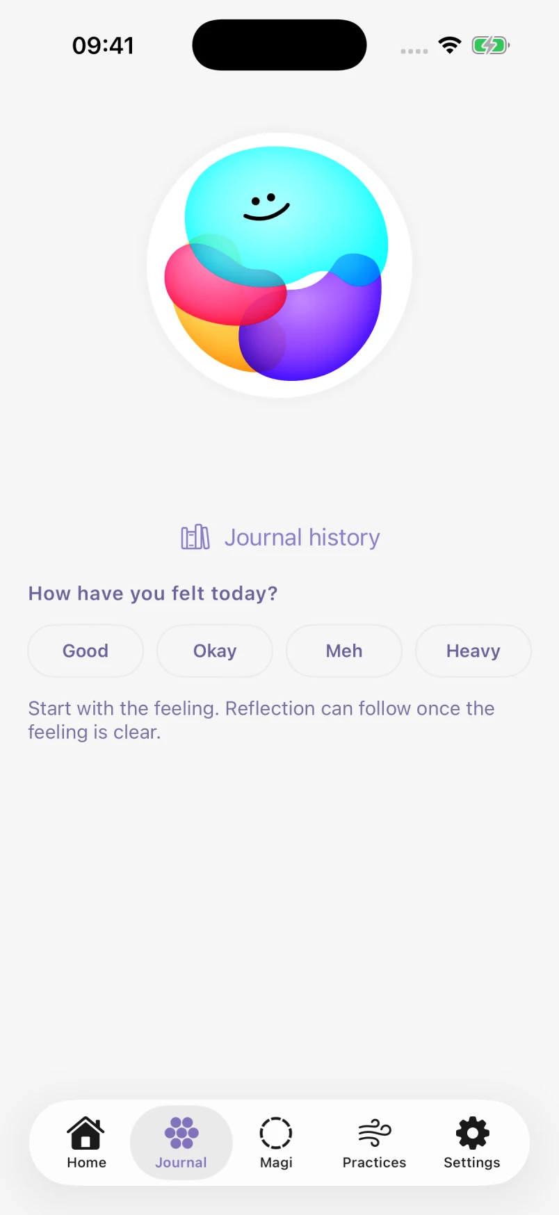 The current Journal screen, with its colorful mood check-in