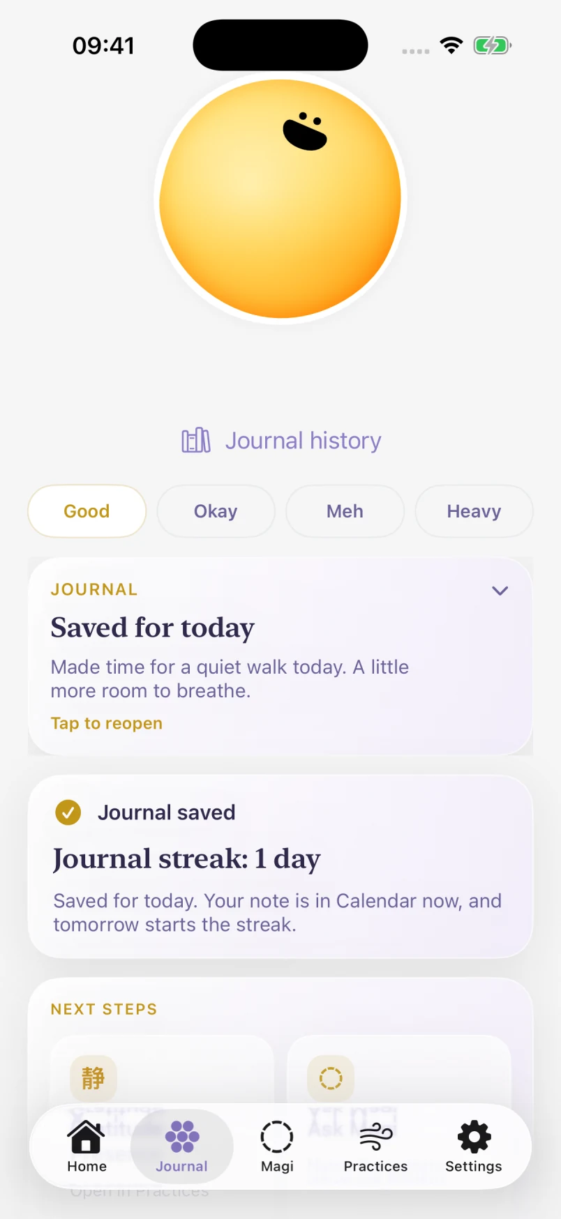 Updated Journal screen showing a Good mood and a saved note about a quiet walk
